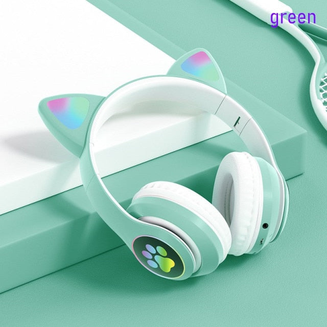 Flashing LED Cute Cat Ears Headphones Bluetooth Wireless Headset with Mic TF FM Kid Girl Stereo Music Earbud Phone Earphone Gift.